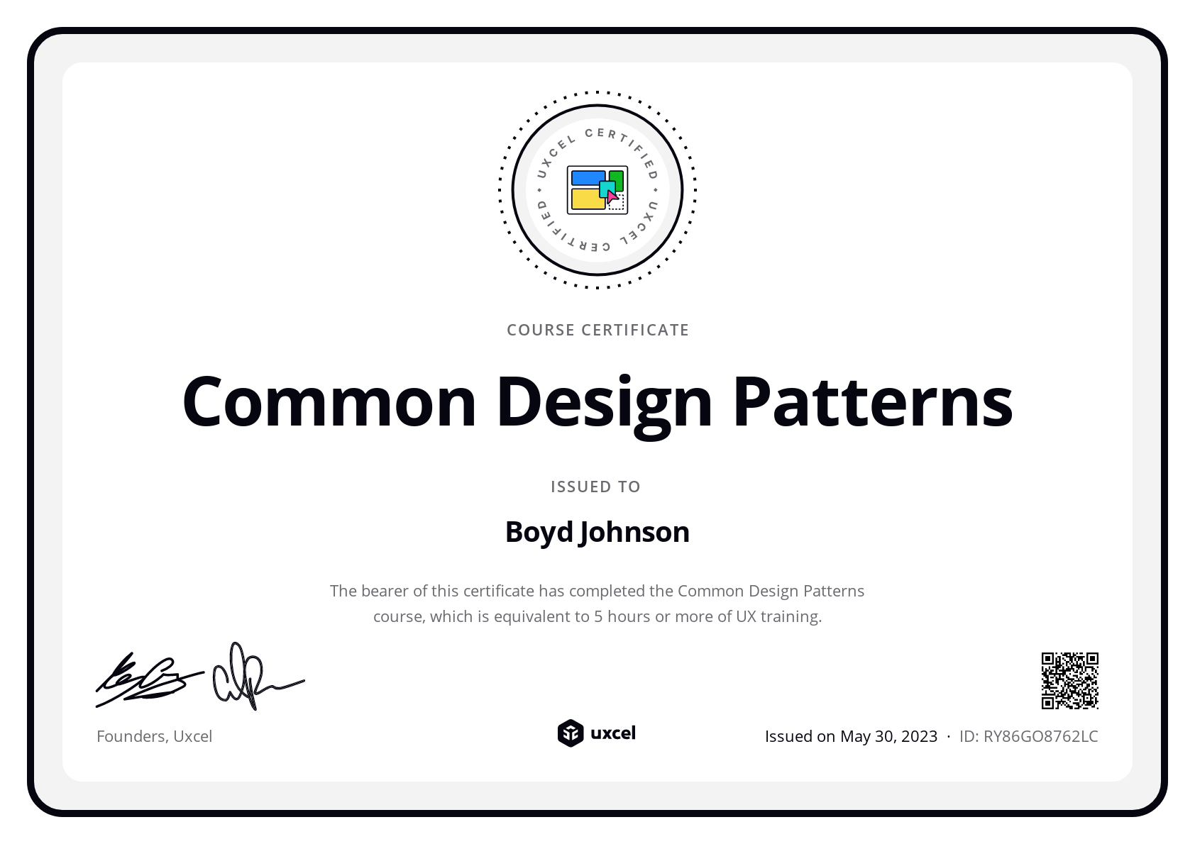 Boyd Johnson's certificate